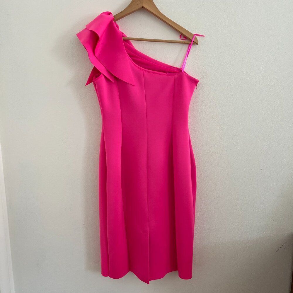 Eliza J. One-Shoulder Scuba Crepe Cocktail Dress in Hot Pink - Picture 3 of 8